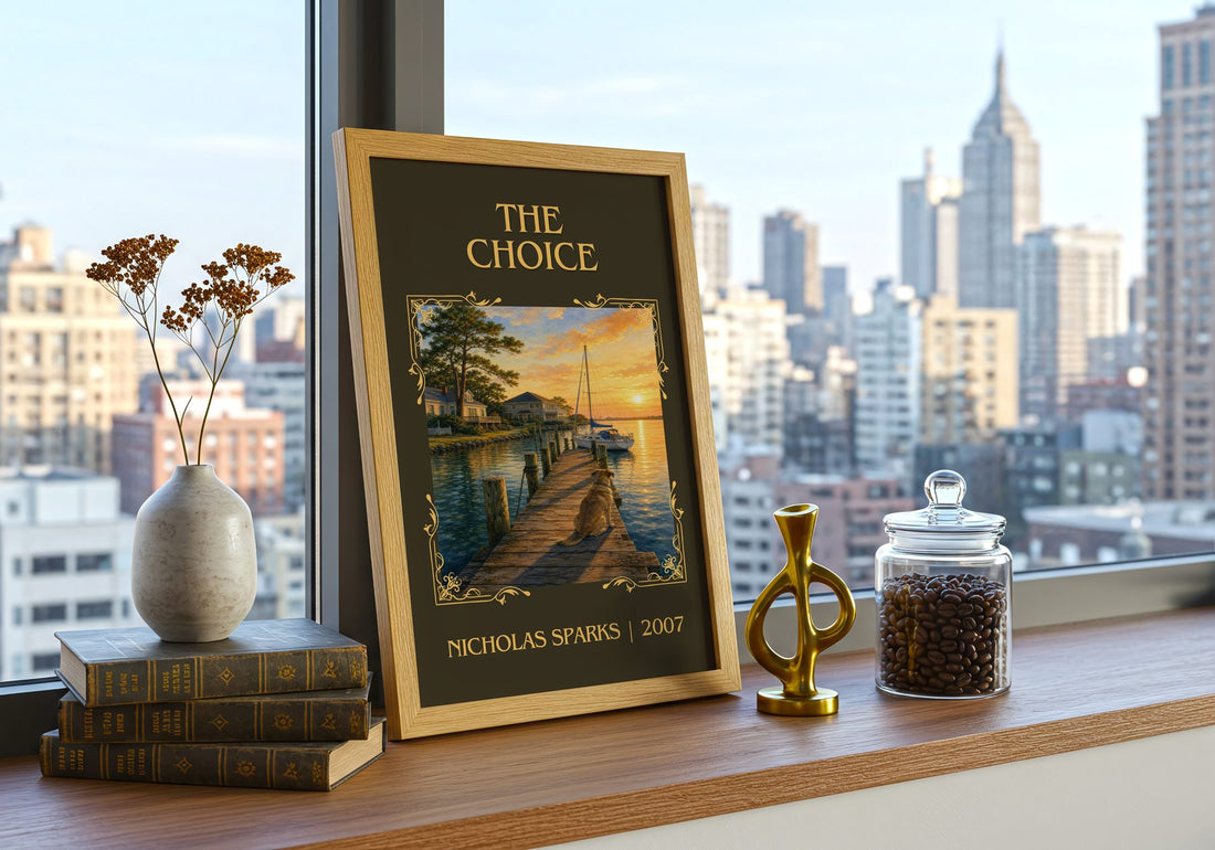The Choice Classic Book Art Print by Nicholas Sparks – framed print on a city-view windowsill