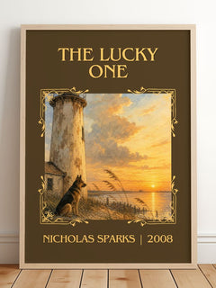 The Lucky One Classic Book Art Print by Nicholas Sparks – framed print leaning on a wooden floor