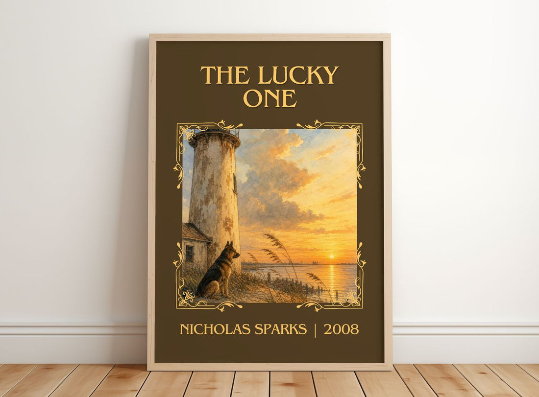 The Lucky One Classic Book Art Print by Nicholas Sparks – framed print leaning on a wooden floor