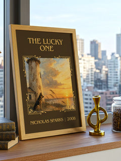 The Lucky One Classic Book Art Print by Nicholas Sparks – framed print on a city-view windowsill