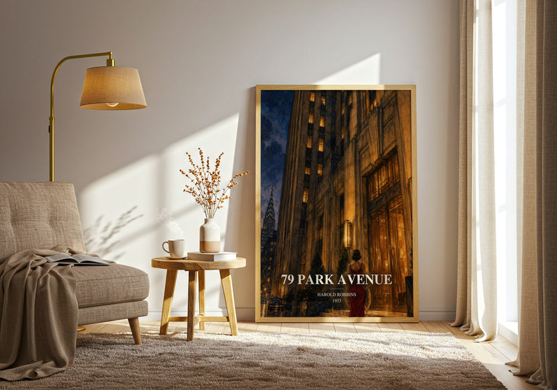 79 Park Avenue watercolour print in frame leaning in hallway – literary fiction wall art
