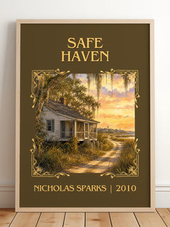 Safe Haven Classic Book Art Print by Nicholas Sparks – framed print leaning on a wooden floor