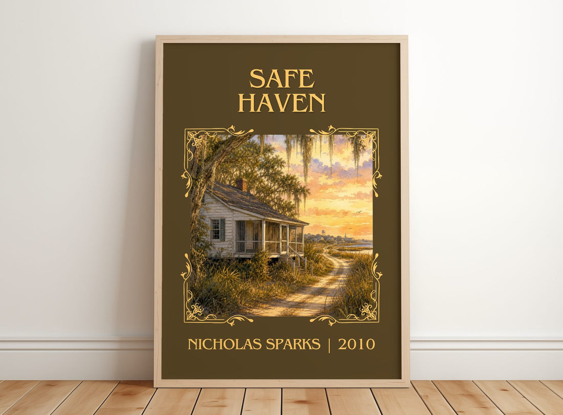 Safe Haven Classic Book Art Print by Nicholas Sparks – framed print leaning on a wooden floor