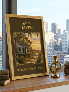 Safe Haven Classic Book Art Print by Nicholas Sparks – framed print on a city-view windowsill