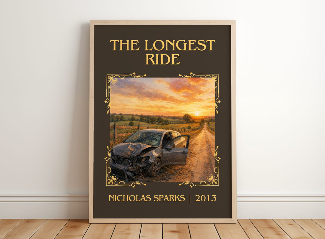 The Longest Ride Classic Book Art Print by Nicholas Sparks – framed print leaning on a wooden floor