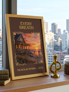 Every Breath Classic Book Art Print by Nicholas Sparks – framed print on a city-view windowsill