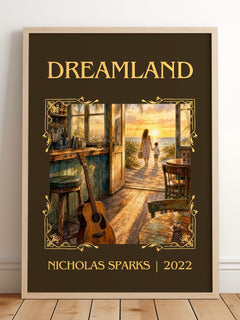 Dreamland Classic Book Art Print by Nicholas Sparks – framed print leaning on a wooden floor