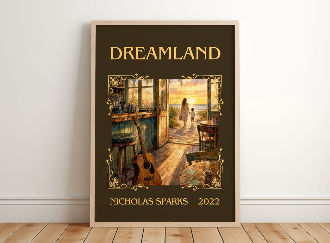 Dreamland Classic Book Art Print by Nicholas Sparks – framed print leaning on a wooden floor