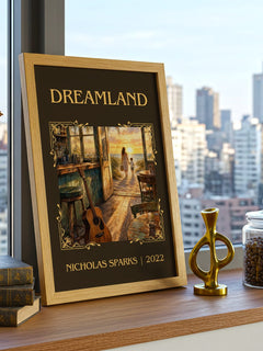 Dreamland Classic Book Art Print by Nicholas Sparks – framed print on a city-view windowsill