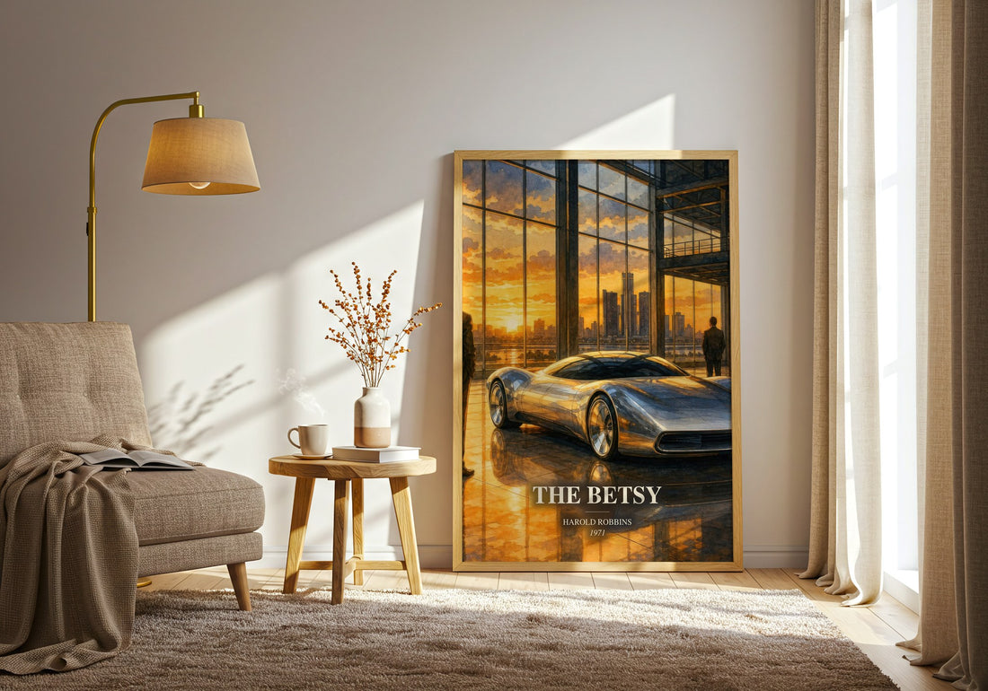 The Betsy watercolour print in frame leaning in hallway – contemporary fiction wall art (mockup)