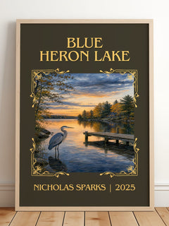 Blue Heron Lake Classic Book Art Print by Nicholas Sparks – framed print leaning on a wooden floor