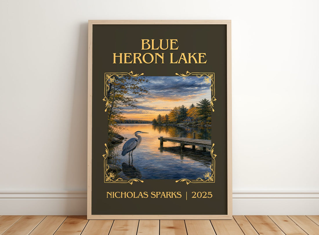 Blue Heron Lake Classic Book Art Print by Nicholas Sparks – framed print leaning on a wooden floor