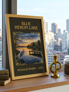Blue Heron Lake Classic Book Art Print by Nicholas Sparks – framed print on a city-view windowsill