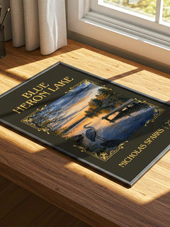Blue Heron Lake Classic Book Art Print by Nicholas Sparks – print on a sunlit desk
