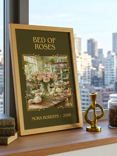 Bed Of Roses Classic Book Art Print by Nora Roberts – framed print on a city-view windowsill