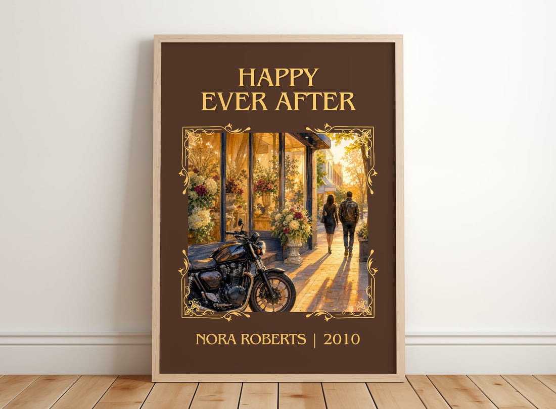 Happy Ever After Classic Book Art Print by Nora Roberts – framed print leaning on a wooden floor