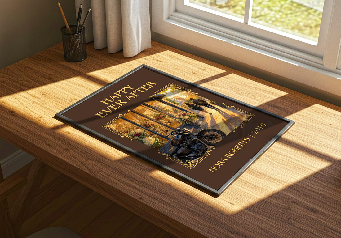 Happy Ever After Classic Book Art Print by Nora Roberts – print on a sunlit desk