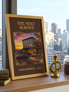 The Next Always Classic Book Art Print by Nora Roberts – framed print on a city-view windowsill