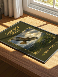 Shadow Spell Classic Book Art Print by Nora Roberts – print on a sunlit desk