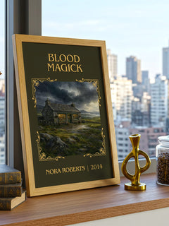 Blood Magick Classic Book Art Print by Nora Roberts – framed print on a city-view windowsill