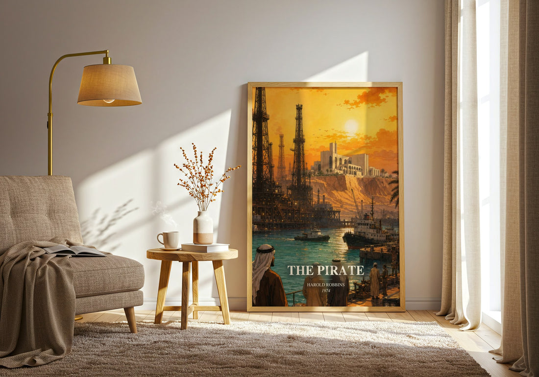 The Pirate watercolour print in frame leaning in hallway – contemporary fiction wall art (mockup)