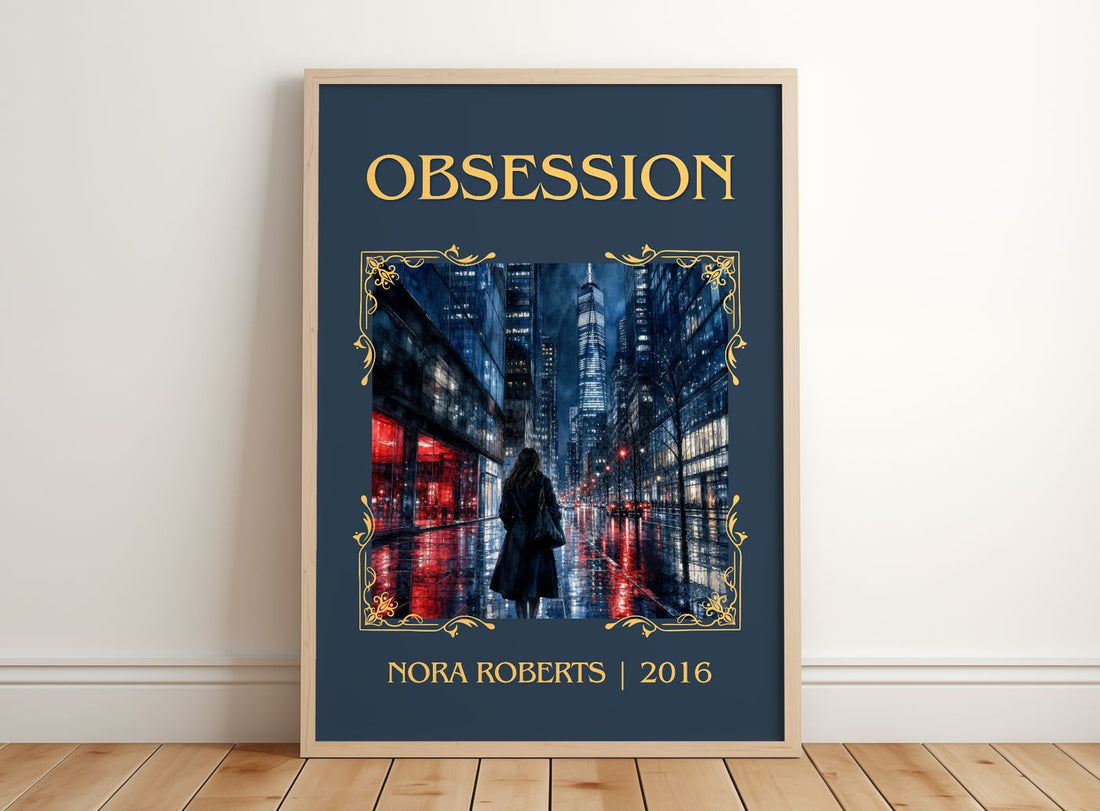 Obsession Classic Book Art Print by Nora Roberts – framed print leaning on a wooden floor