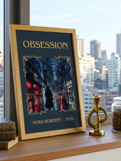 Obsession Classic Book Art Print by Nora Roberts – framed print on a city-view windowsill