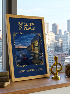 Shelter In Place Classic Book Art Print by Nora Roberts – framed print on a city-view windowsill