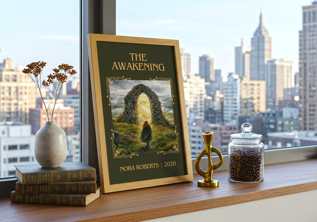 The Awakening Classic Book Art Print by Nora Roberts – framed print on a city-view windowsill