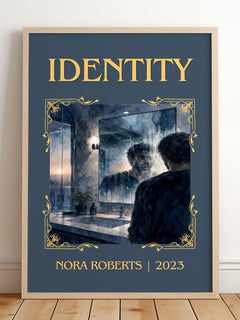 Identity Classic Book Art Print by Nora Roberts – framed print leaning on a wooden floor