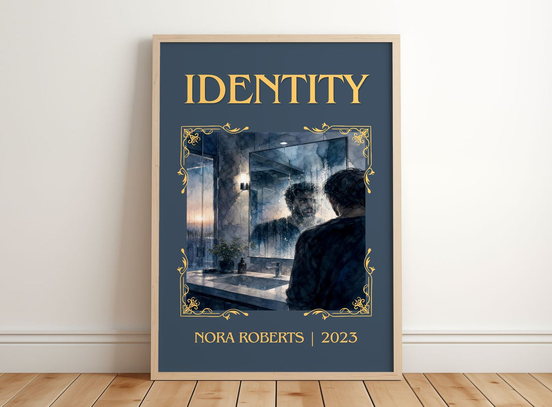 Identity Classic Book Art Print by Nora Roberts – framed print leaning on a wooden floor