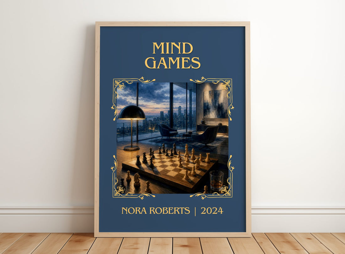 Mind Games Classic Book Art Print by Nora Roberts – framed print leaning on a wooden floor