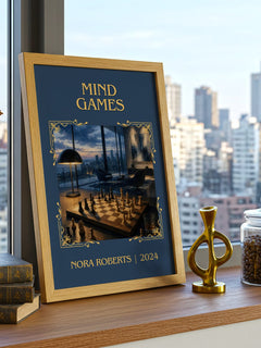 Mind Games Classic Book Art Print by Nora Roberts – framed print on a city-view windowsill