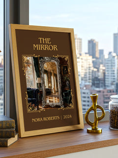 The Mirror Classic Book Art Print by Nora Roberts – framed print on a city-view windowsill