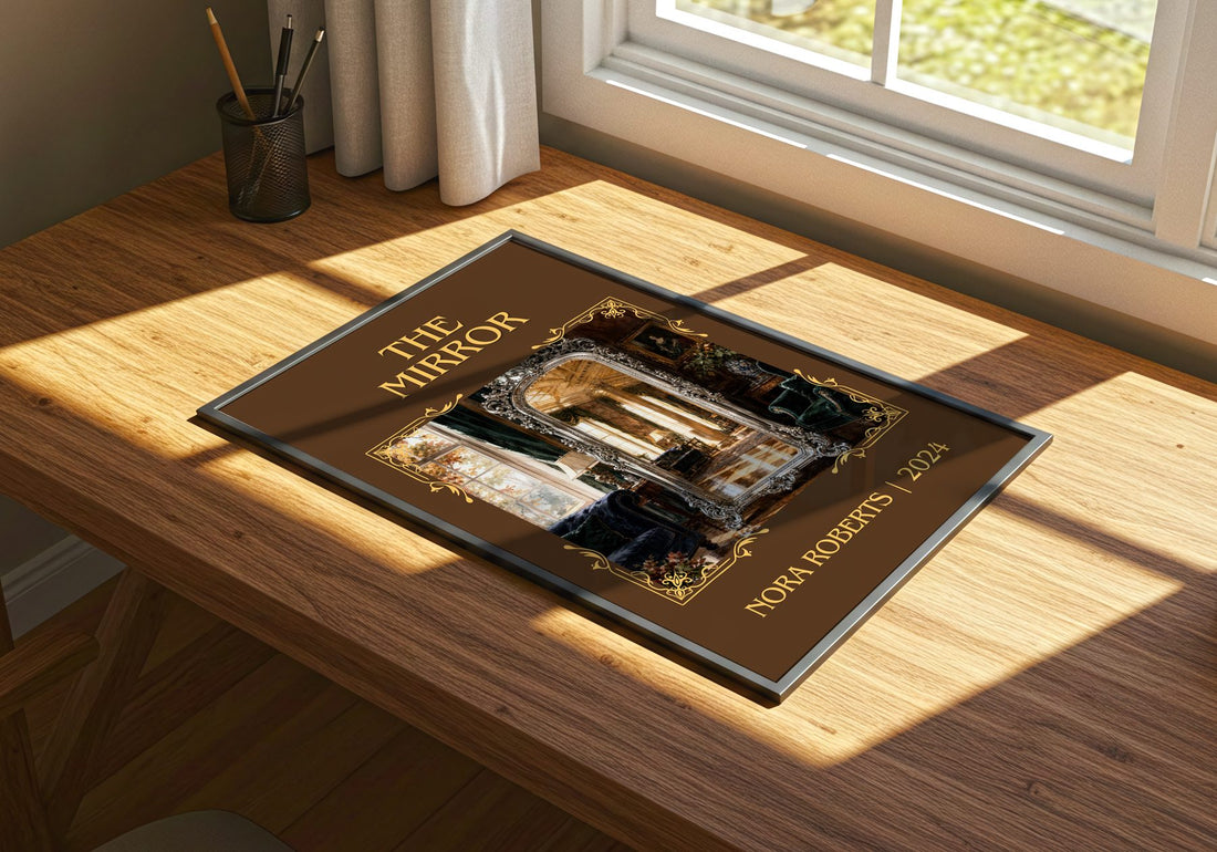 The Mirror Classic Book Art Print by Nora Roberts – print on a sunlit desk