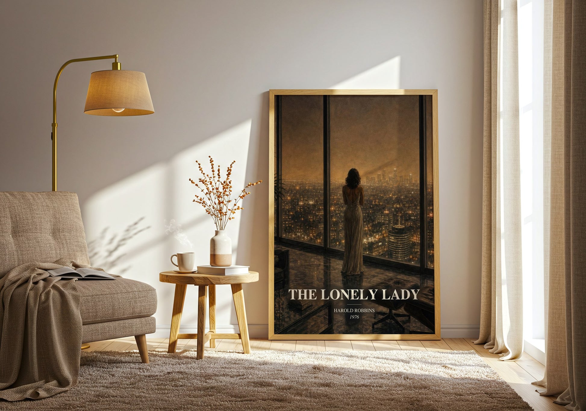 The Lonely Lady watercolour print in frame leaning in hallway – contemporary fiction wall art