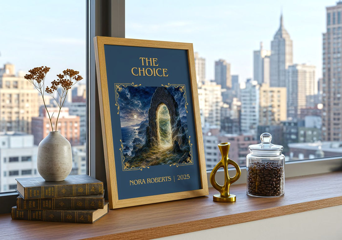 The Choice Classic Book Art Print by Nora Roberts – framed print on a city-view windowsill
