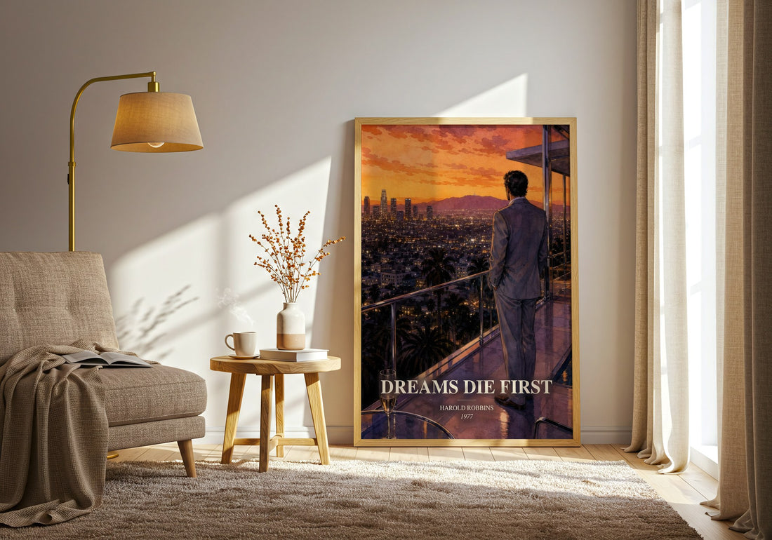 Dreams Die First watercolour print in frame leaning in hallway – contemporary fiction wall art (mockup)