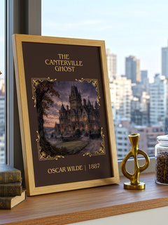 The Canterville Ghost Classic Book Art Print by Oscar Wilde – framed print on a city-view windowsill