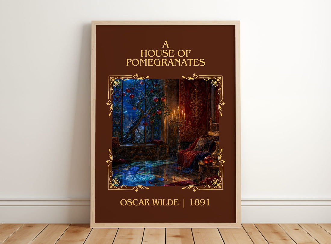 A House Of Pomegranates Classic Book Art Print by Oscar Wilde – framed print leaning on a wooden floor