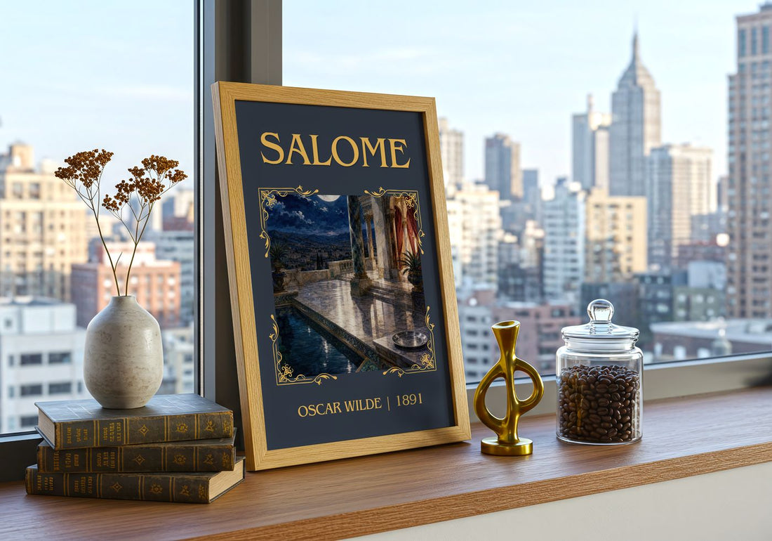 Salomé Classic Book Art Print by Oscar Wilde – framed print on a city-view windowsill