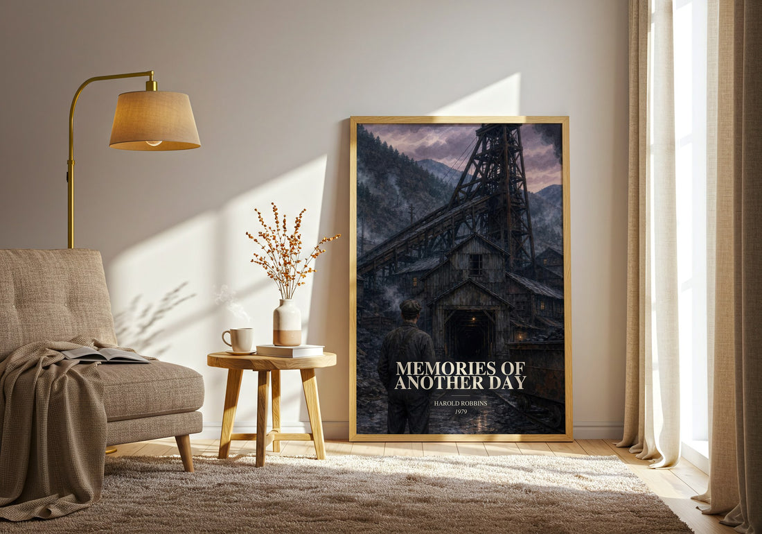 Memories Of Another Day watercolour print in frame leaning in hallway – historical fiction wall art (mockup)