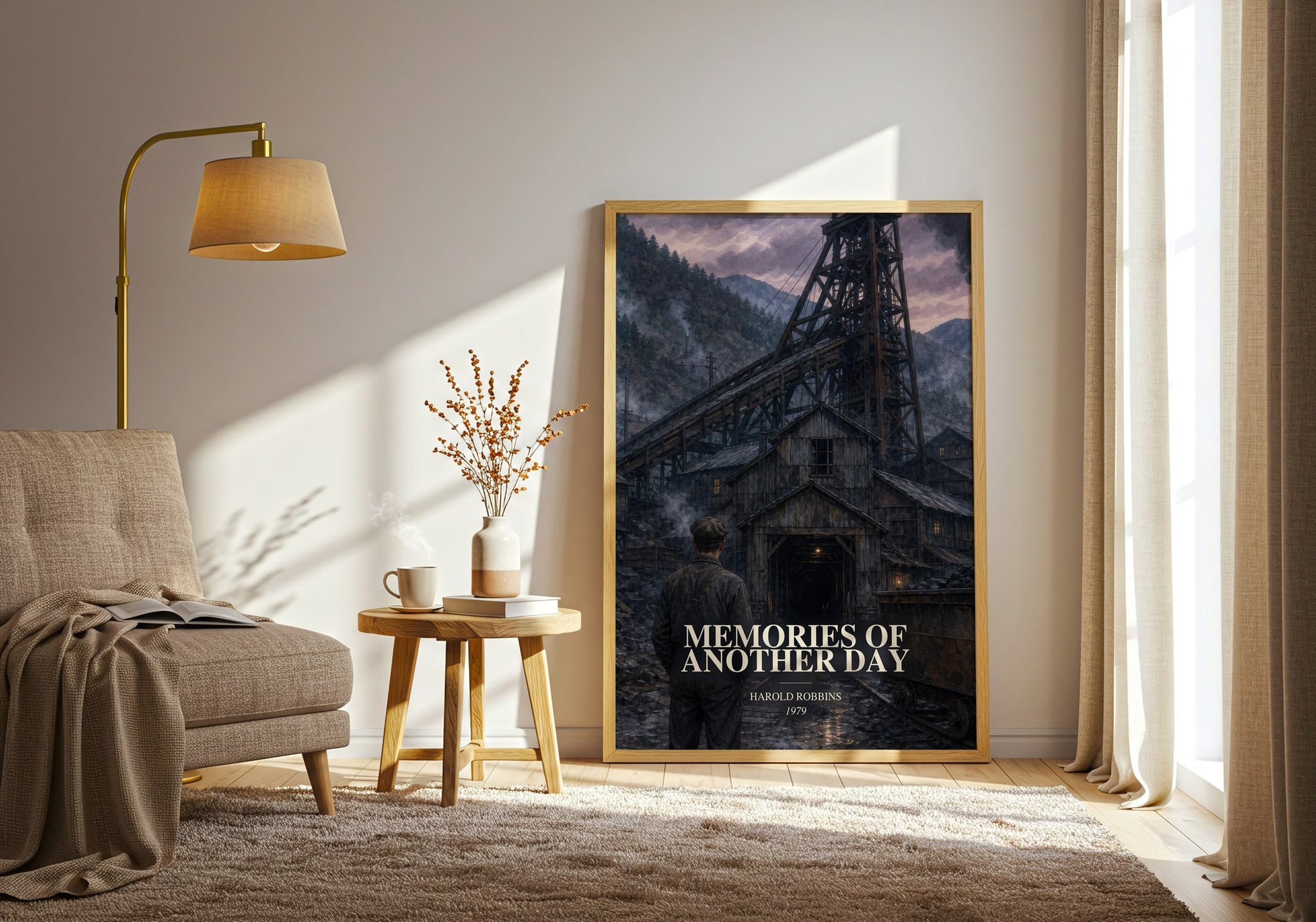 Memories Of Another Day watercolour print in frame leaning in hallway – historical fiction wall art