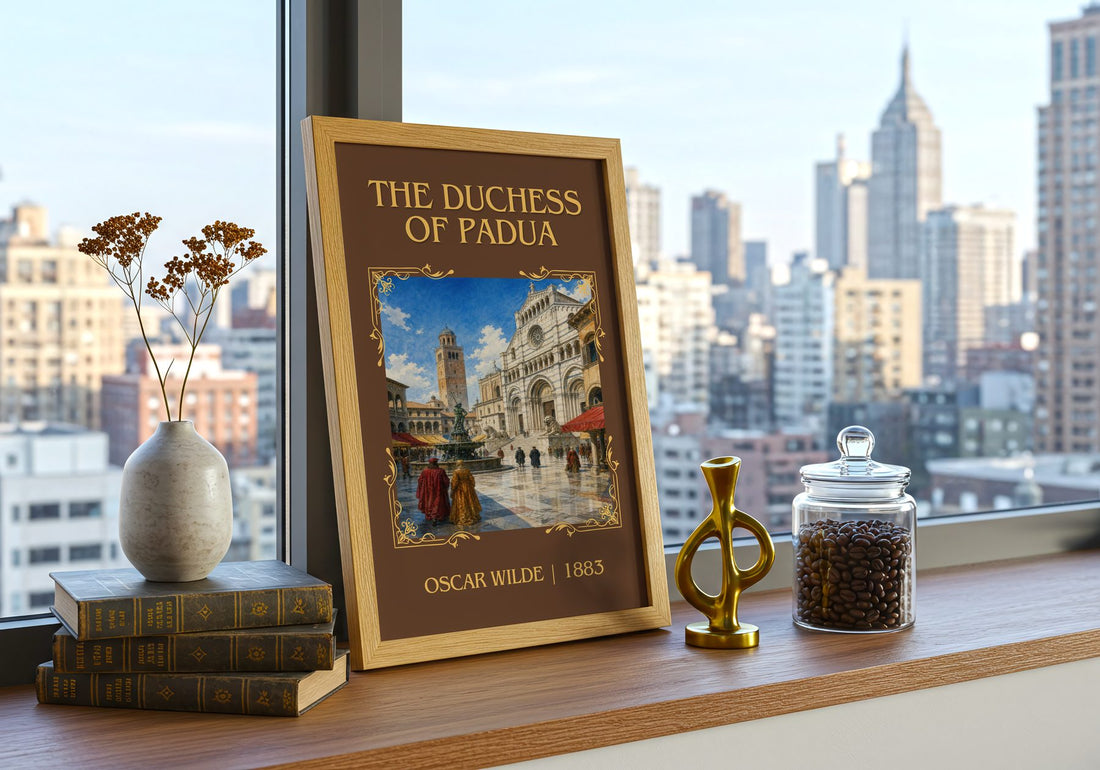 The Duchess Of Padua Classic Book Art Print by Oscar Wilde – framed print on a city-view windowsill