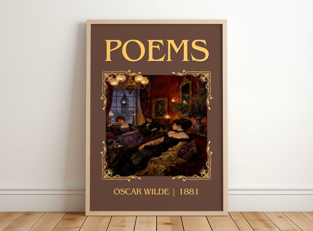 Poems Classic Book Art Print by Oscar Wilde – framed print leaning on a wooden floor