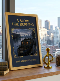 A Slow Fire Burning Classic Book Art Print by Paula Hawkins – framed print on a city-view windowsill