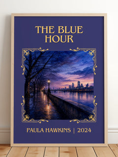 The Blue Hour Classic Book Art Print by Paula Hawkins – framed print leaning on a wooden floor