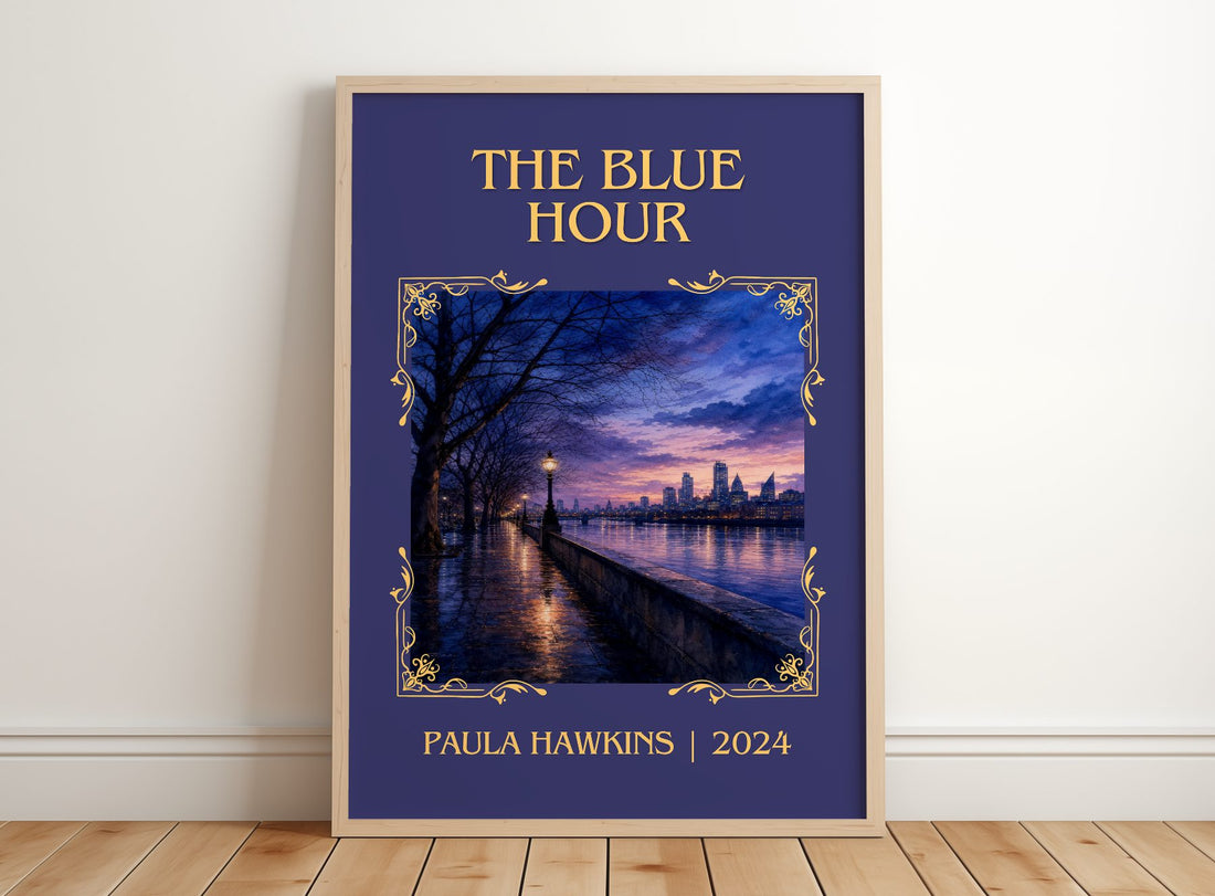 The Blue Hour Classic Book Art Print by Paula Hawkins – framed print leaning on a wooden floor