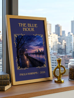 The Blue Hour Classic Book Art Print by Paula Hawkins – framed print on a city-view windowsill
