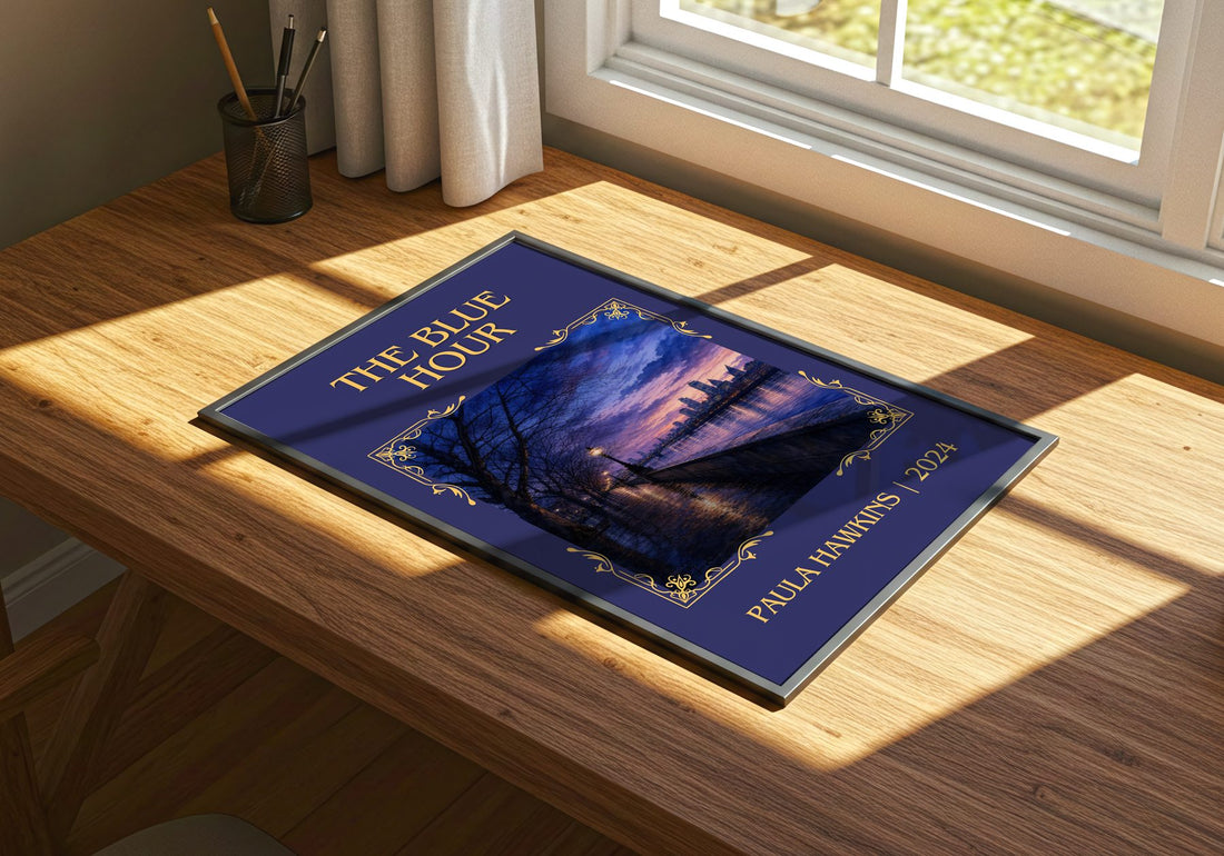 The Blue Hour Classic Book Art Print by Paula Hawkins – print on a sunlit desk